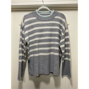 Design 365 Pure Cashmere Striped Mock Turtleneck Sweater in Grey/White with Aqua